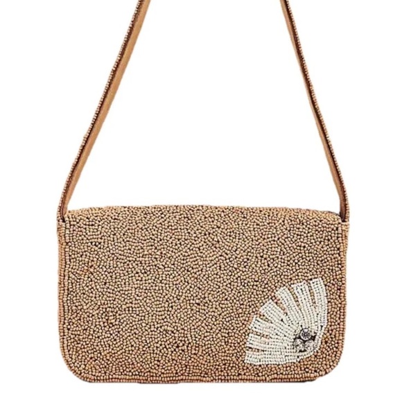 Anthropologie Fiona Beaded Bag Neutral Celandine Tan Shell Floral Shoulder Bag - Picture 7 of 9